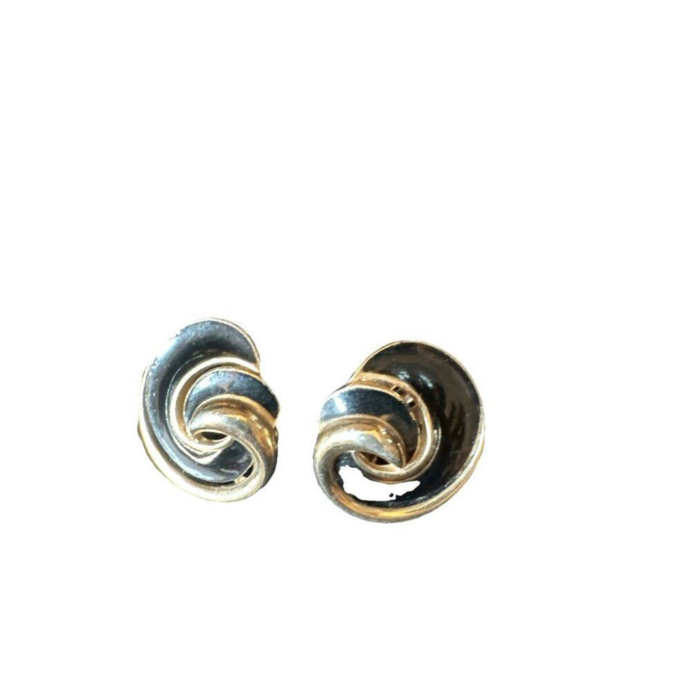 Vintage Trifari Crown Gold Tone Swirl Black Enamel Clip On Earrings
